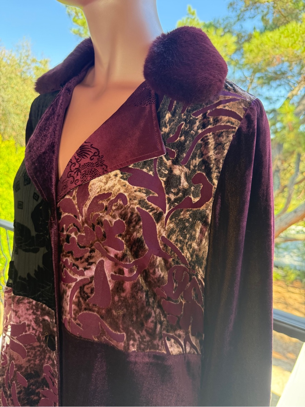 Soft Surrounding jacket velvet burn out-removable fur- plum burgundy patchwork S - Picture 14 of 17